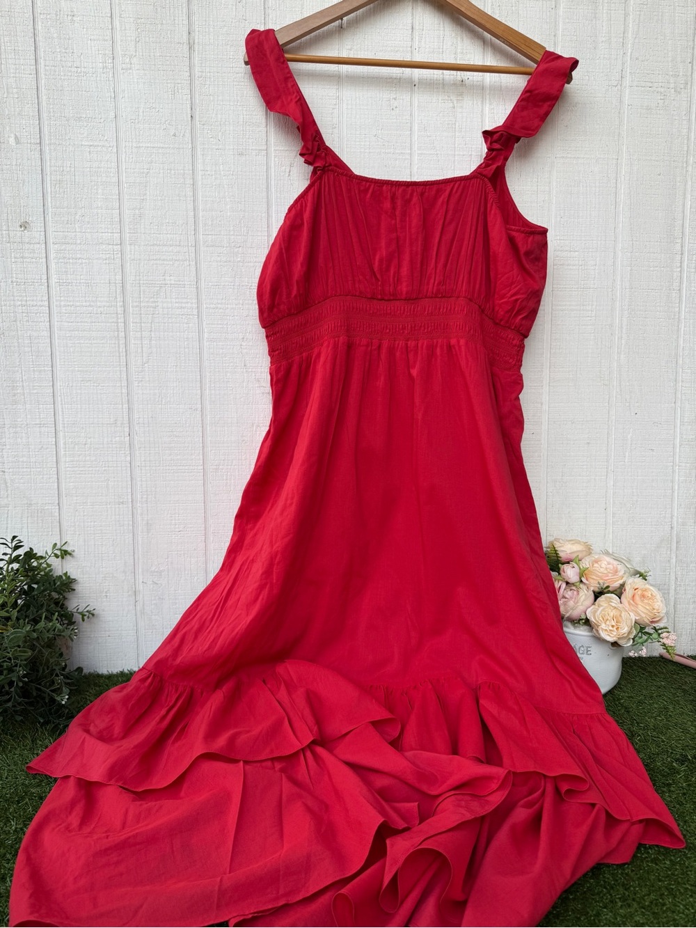 PAIGE Gisela Tiered Hem Midi Dress Red Strawberry Ruffle with Smocked Waist 12 - Picture 7 of 11